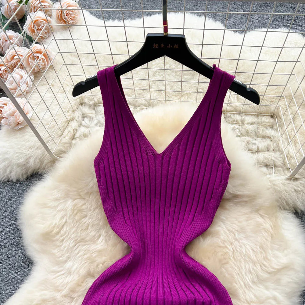 Ribbed Knit V-Neck Sleeveless Cut Out High Split Bodycon Maxi Dress - View 7