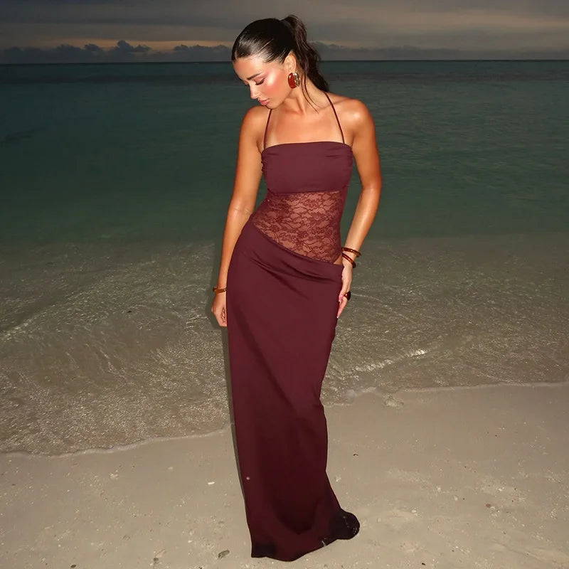Spaghetti Strap Sheer Lace Hollow Out Long Dress - View 4