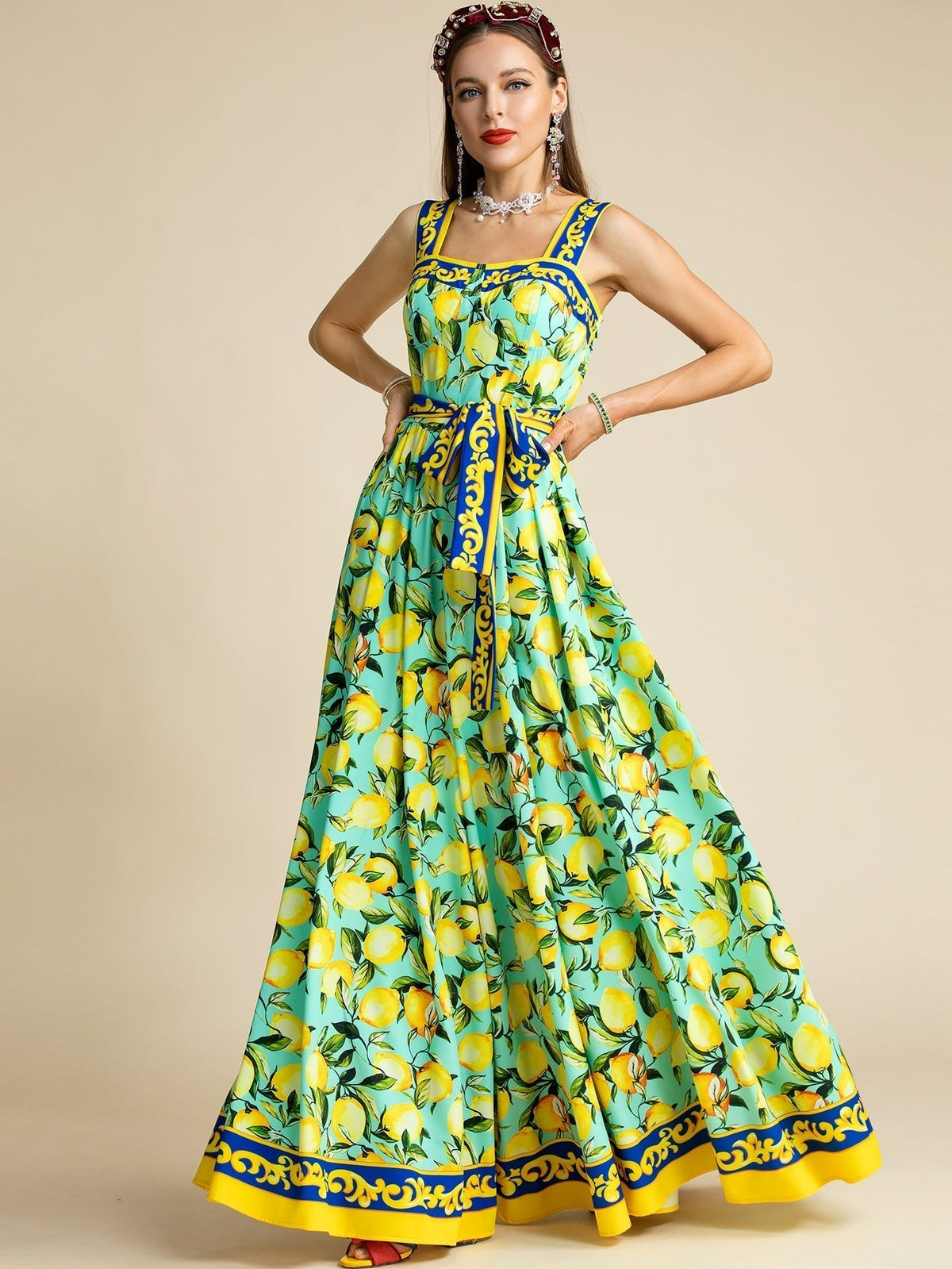 Lemon Print Square Neck Belted A-Line Maxi Dress 2