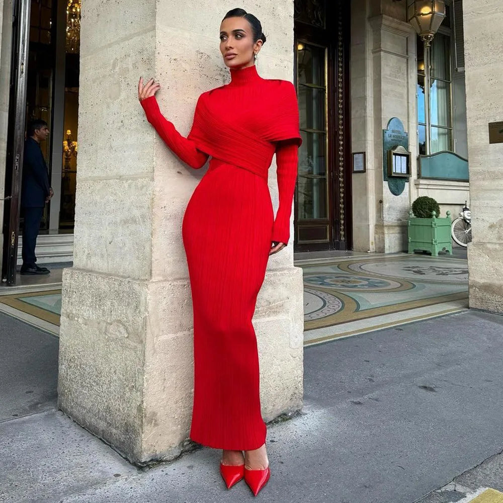 Ribbed Knit High Neck Long Sleeve Cross Wrap Bodycon Maxi Dress