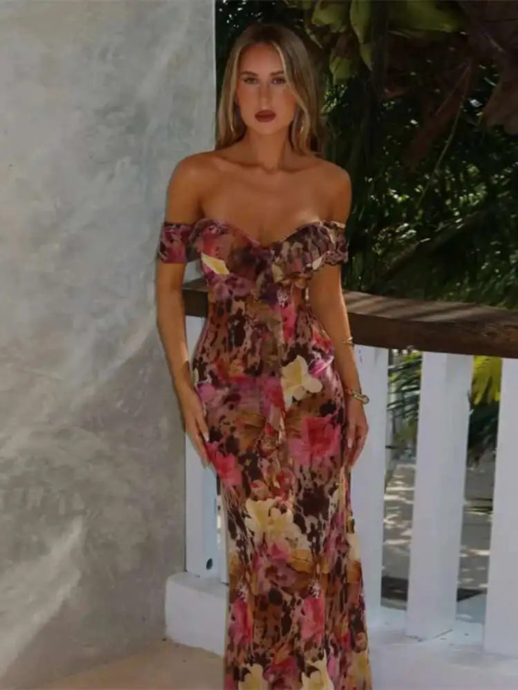 Floral Off Shoulder Short Sleeve Ruffle Mermaid Maxi Dress - View 3