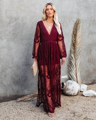 Lace Embroidered Mesh Bishop Sleeve Deep V-Neck High Split Maxi Dress - View 4