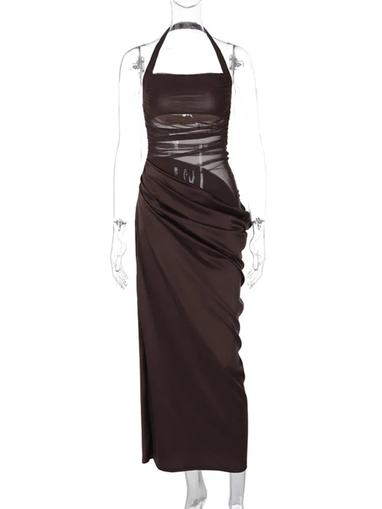 Mesh Halter Neck Backless Ruched Bodycon Maxi Dress - View 2