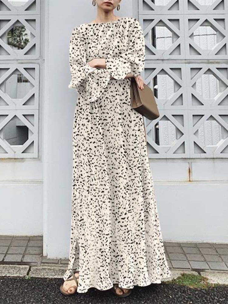 Speckle Print Boat Neck Long Sleeve A-Line Maxi Dress - View 2
