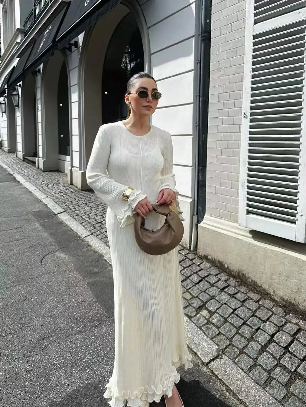 Ribbed Knit Crew Neck Long Sleeve Fluted Cuff Ruffle Hem Maxi Dress