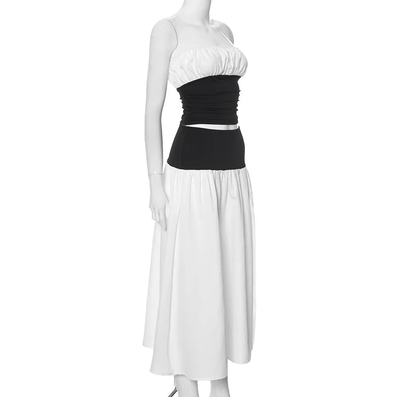 Black And White Patchwork Tube Trendy Top And Slit Long