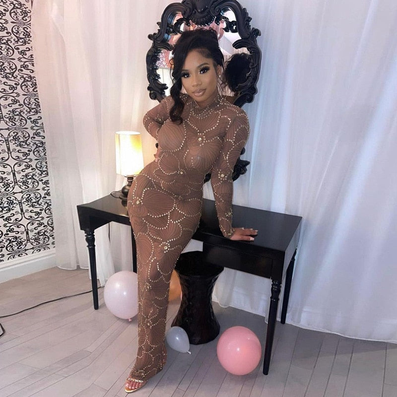 Crew Neck Long Sleeve Rhinestone Mesh Bodycon Maxi Dress 5