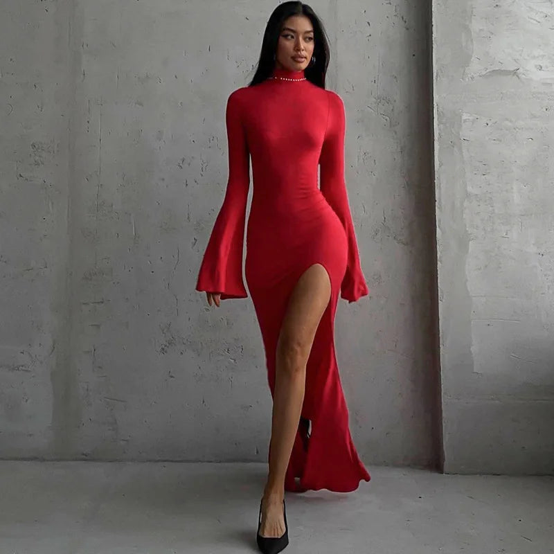 Mock Neck Bell Sleeve High Split Bodycon Maxi Dress