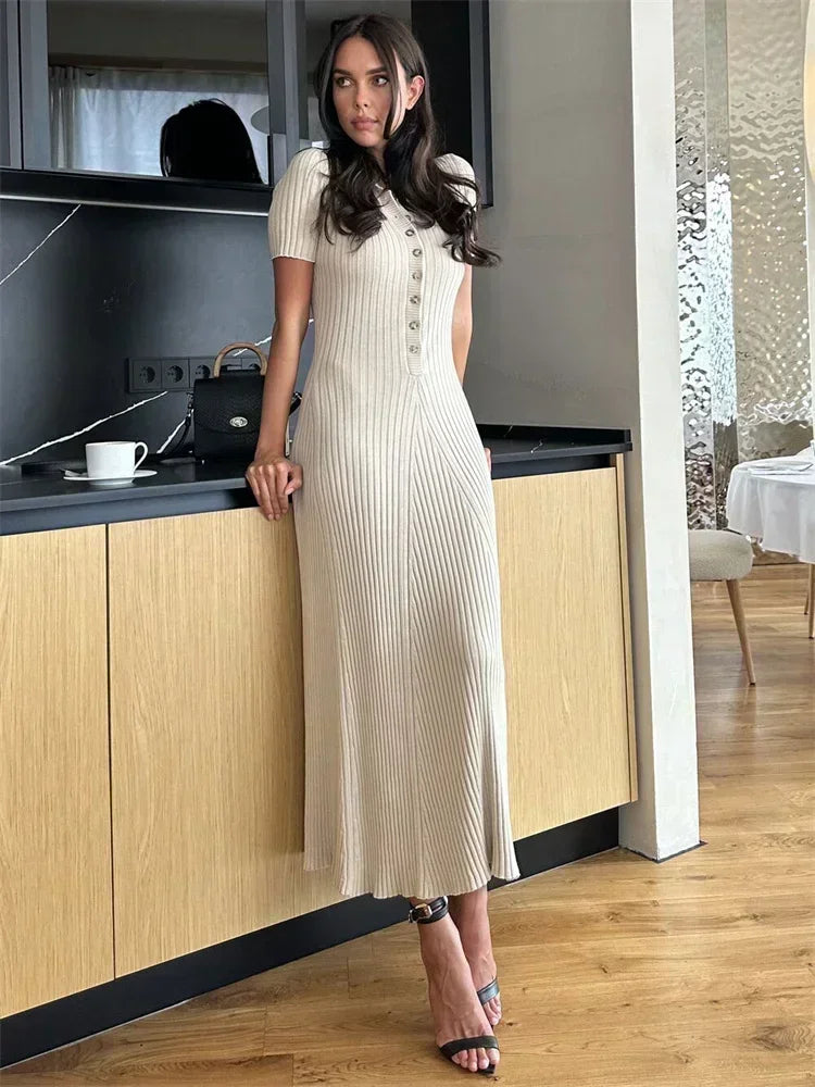 Ribbed Knit Polo Collar Short Sleeve Button Front Maxi Dress 9