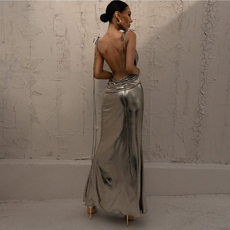 Glossy Soul Metallic Backless Maxi Dress - View 6