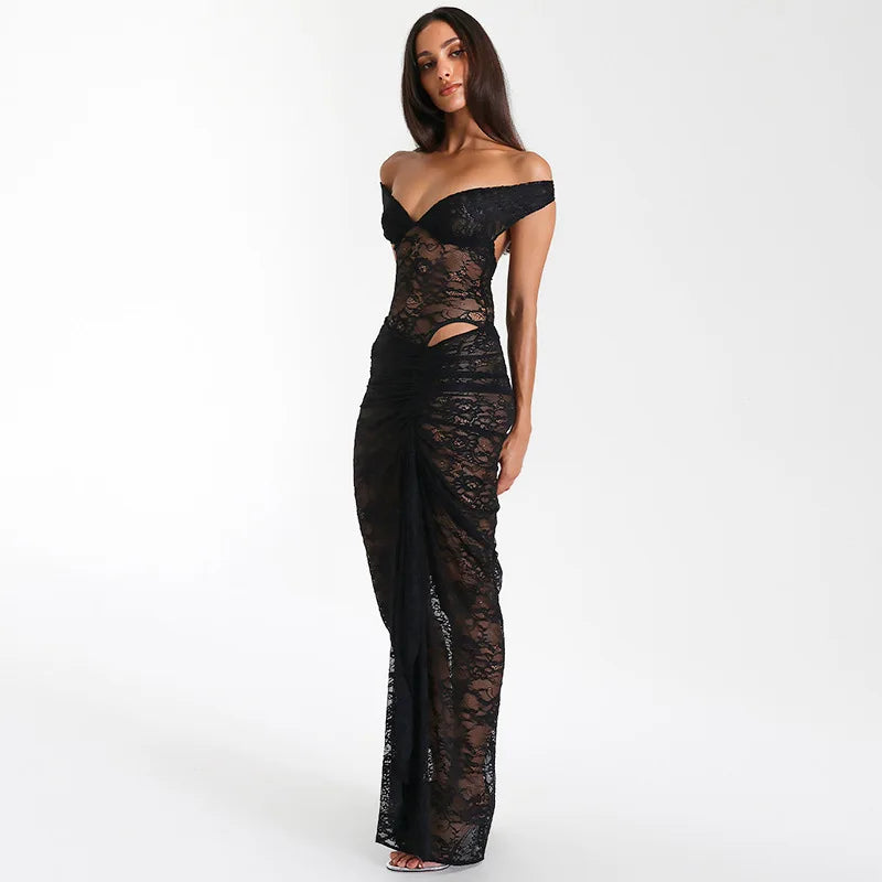 Lace Off Shoulder Sweetheart Corset Hip Cut Out Ruched Maxi Gown - View 9