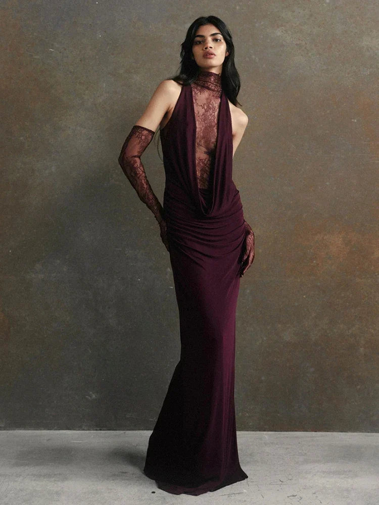 Turtleneck Pleated Gloves Backless Lace Dress
