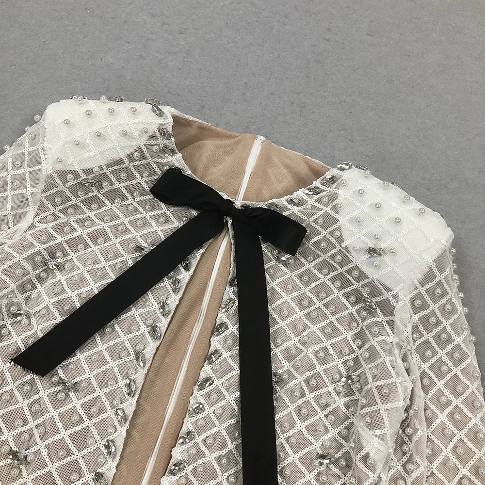 Pearl Beaded Long Sleeve Keyhole Bow Bodycon Mini Dress - View 6