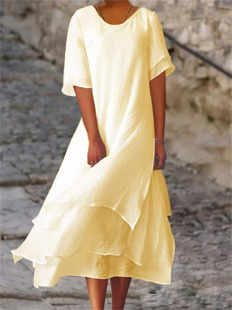 Short Sleeve Round Neck Asymmetrical Tiered Layered Midi Dress - View 2