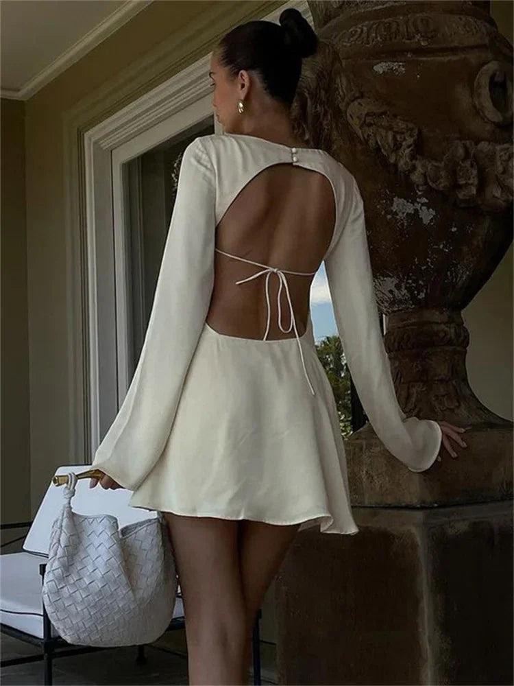 Elegant Backless Lace - Up Satin Party Mini Dress - View 3