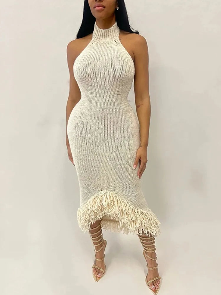 Knit Halter Neck Backless Tassel Fringe Hem Midi Dress - View 5