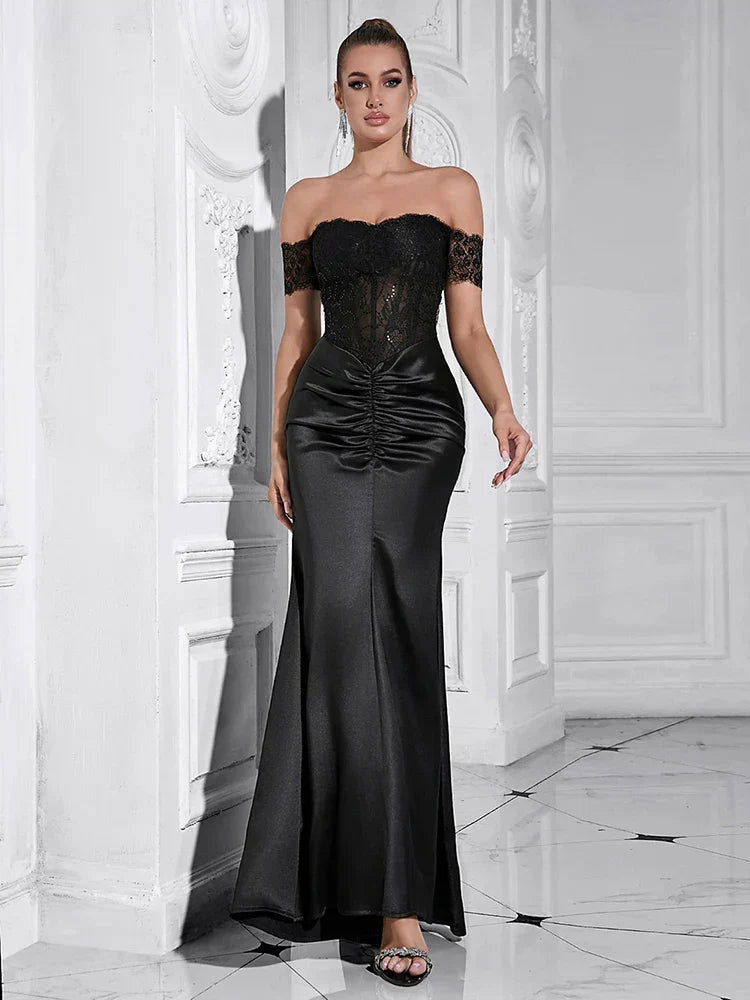 Lace Corset Off Shoulder Sweetheart Ruched Front Maxi Gown - View 3