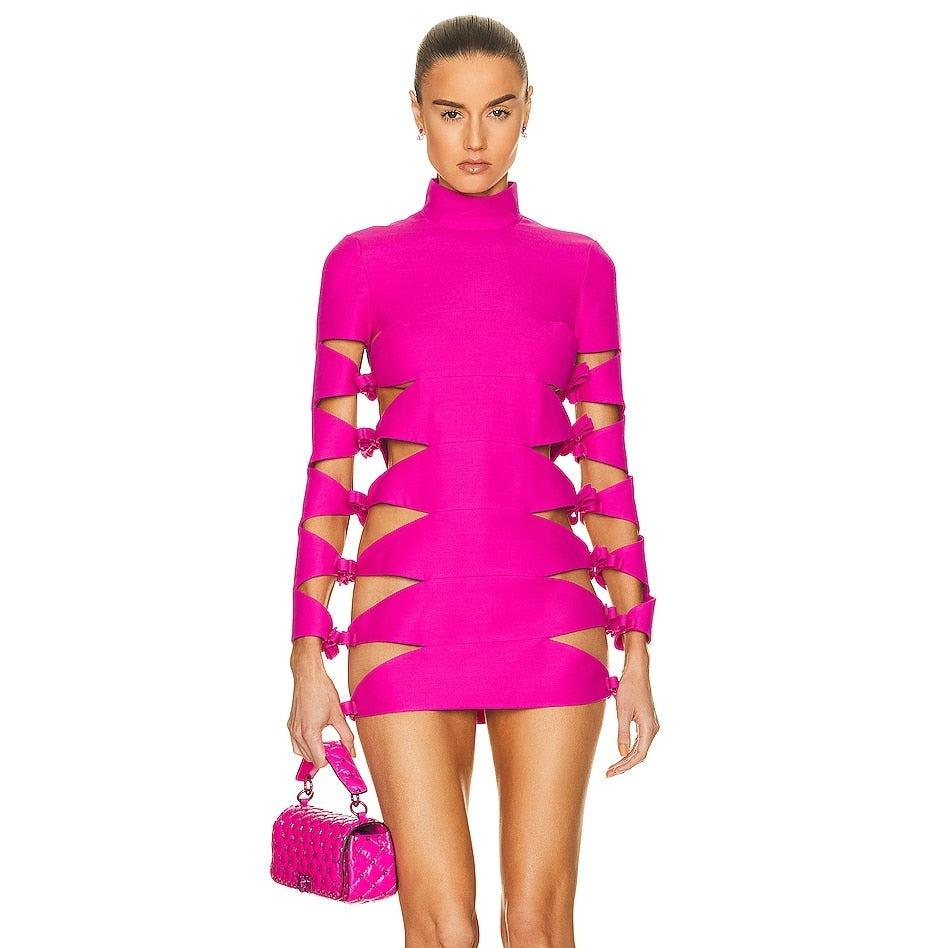 Long Sleeve Turtleneck Side Cut Out Bow Detail Bodycon Mini Dress - View 10