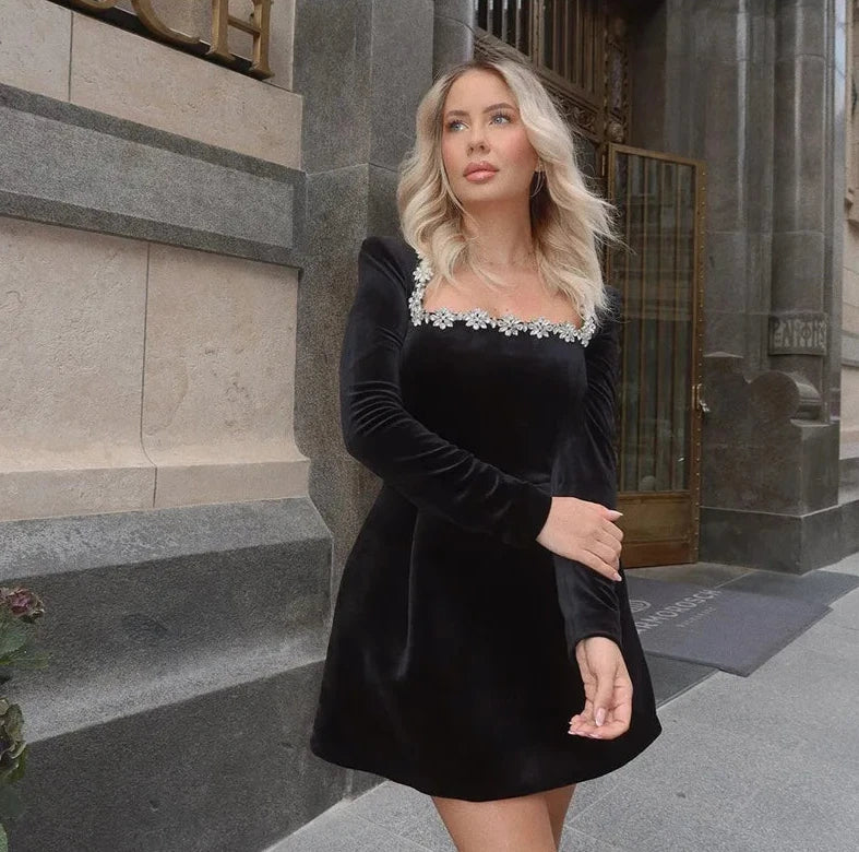 Black Rhinestone Velvet Mini Dress - View 2