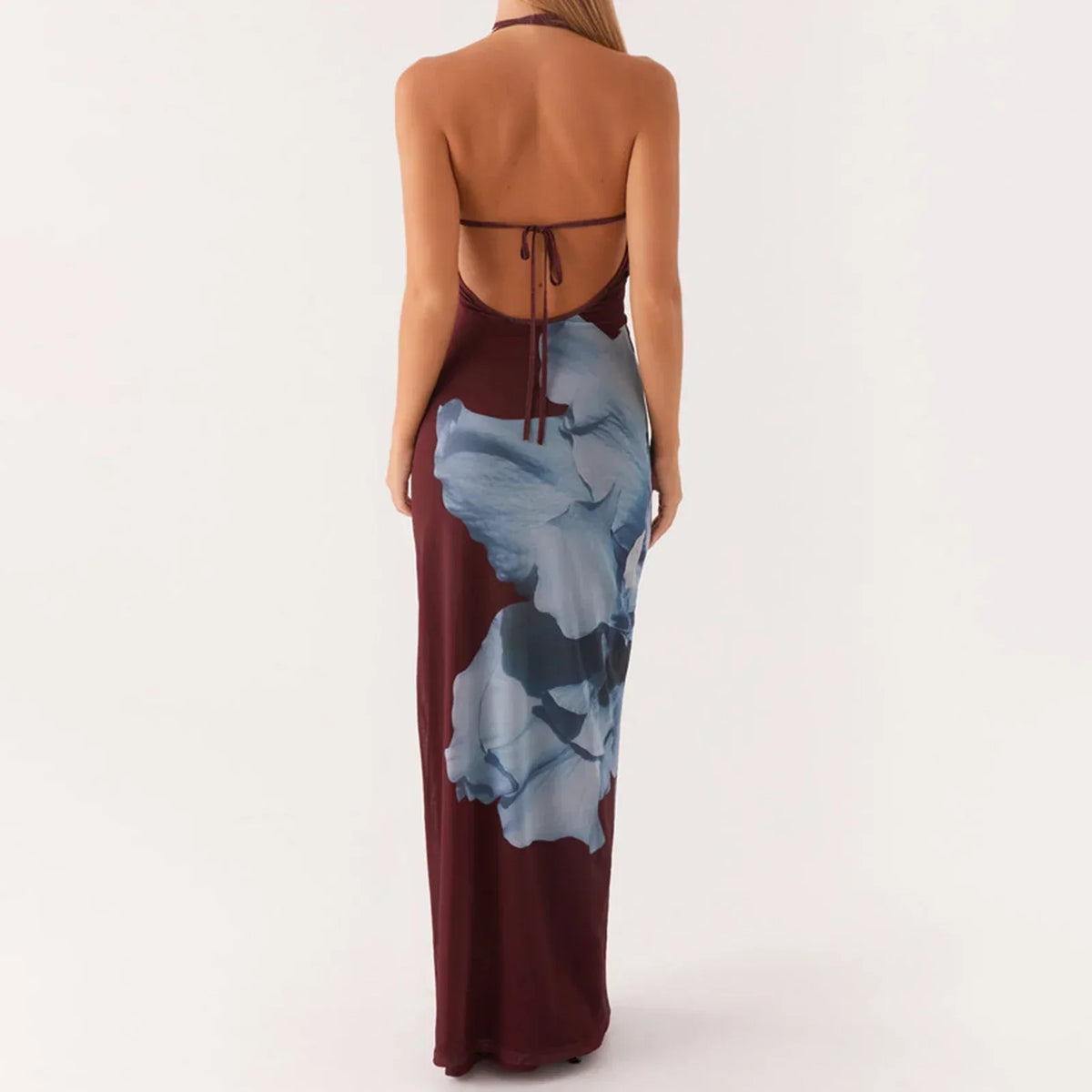 Floral Spaghetti Strap Lace Up Open Back Bodycon Maxi Dress - View 4