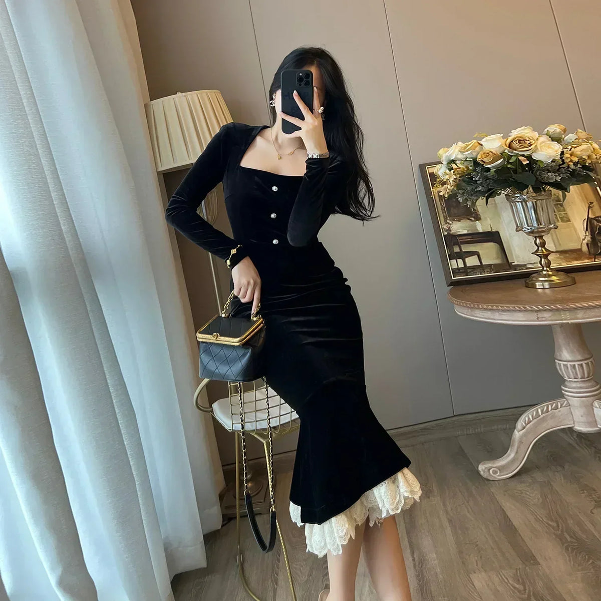 Velvet Square Neck Long Sleeve Pearl Button Lace Trim Midi Dress - View 2
