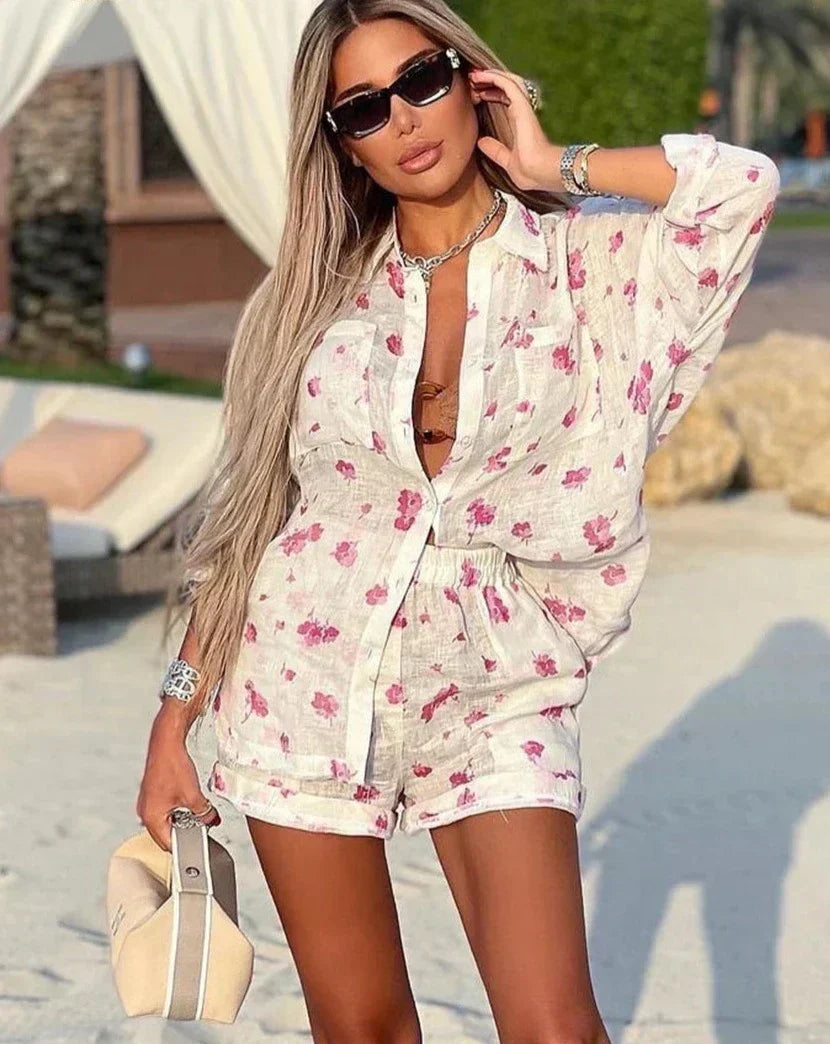 Floral Long Sleeve Shirt and Shorts Two Piece Set
