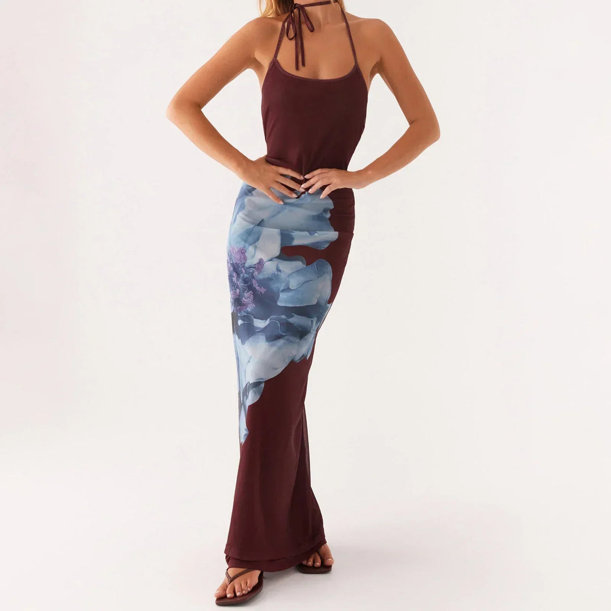 Floral Spaghetti Strap Lace Up Open Back Bodycon Maxi Dress - View 2