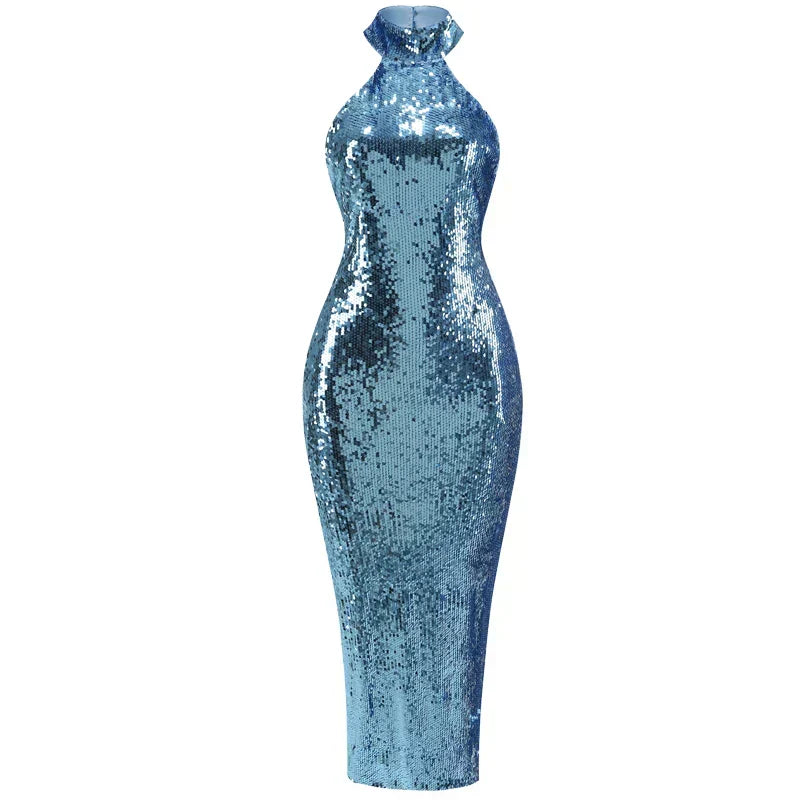 Sequin Halter Neck Bodycon High Split Maxi Dress - View 16