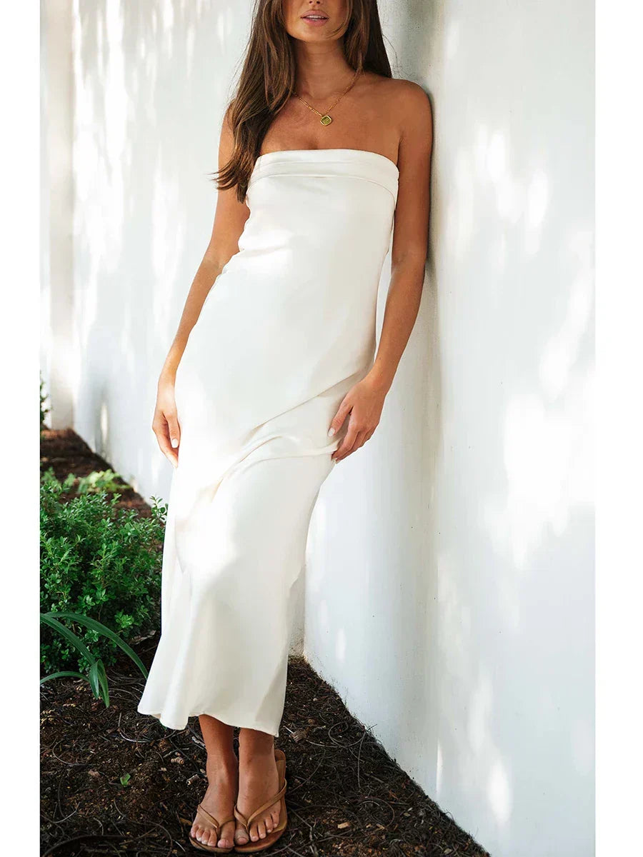 Satin Strapless Fold Over Bust Column Slip Maxi Dress - View 5