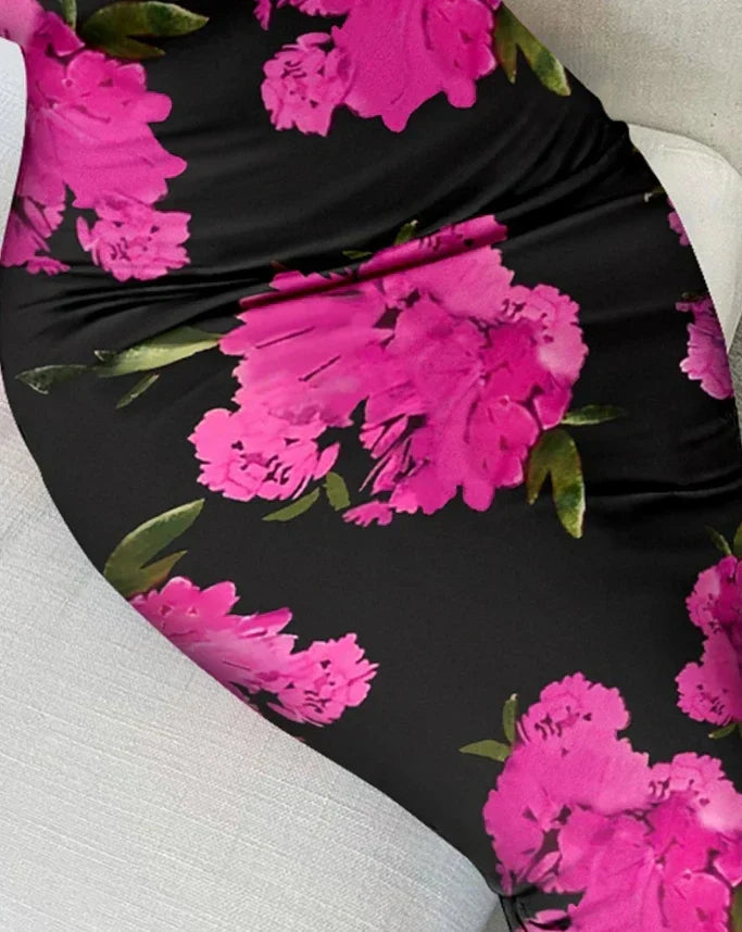 Floral Print Lace Trim V-Neck Spaghetti Strap Bodycon Dress - View 2
