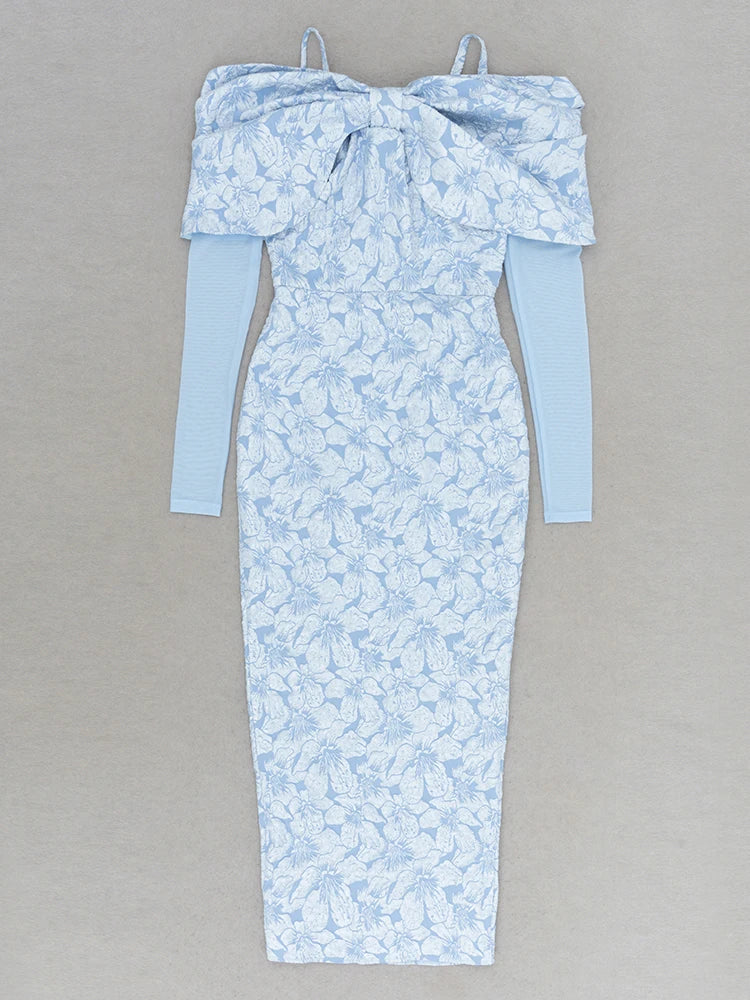 Off Shoulder Long Sleeve Jacquard High Split Midi Dress - View 10