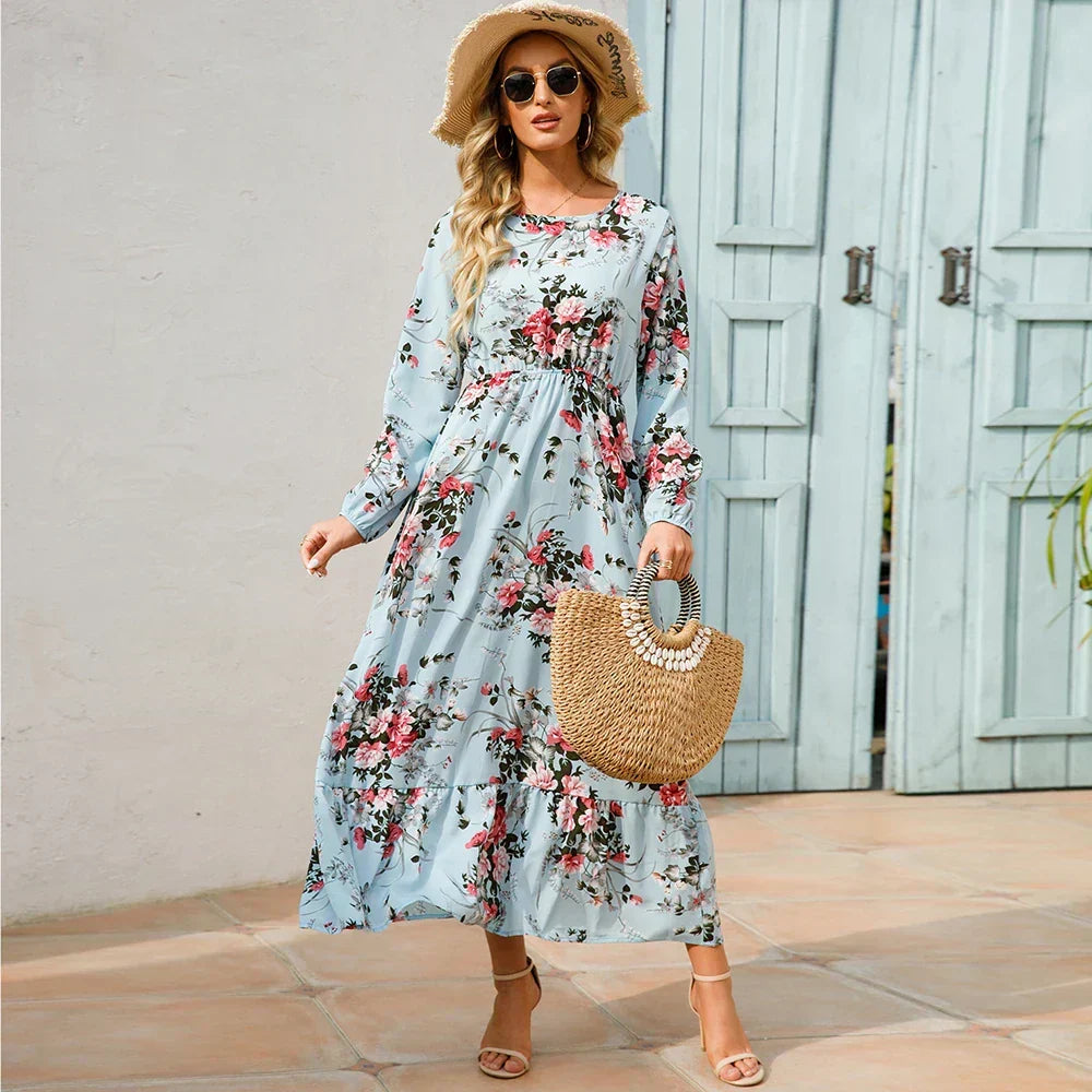 Floral Long Sleeve Tiered Ruffle Boho Maxi Dress - View 20