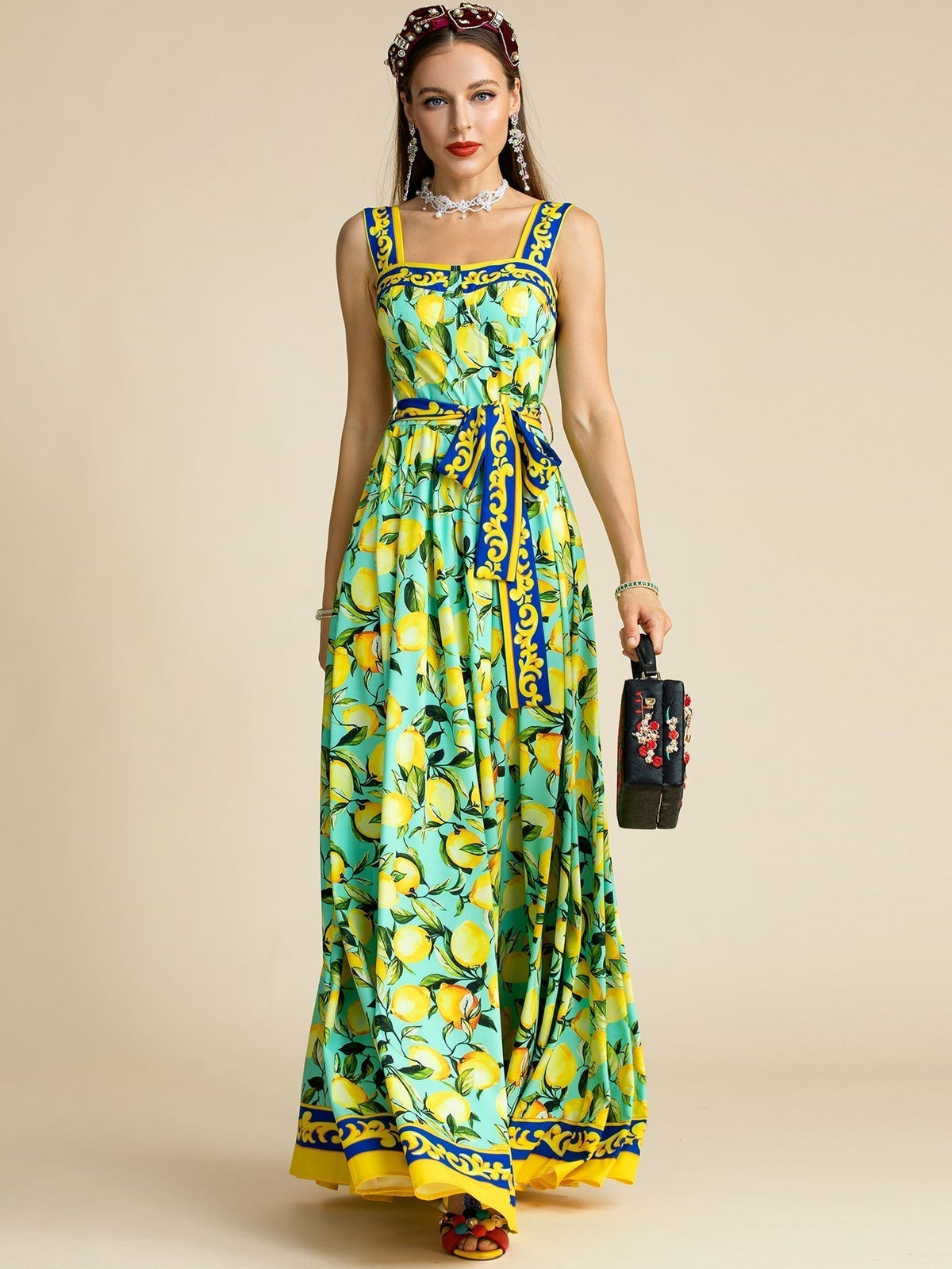 Lemon Print Square Neck Belted A-Line Maxi Dress 3