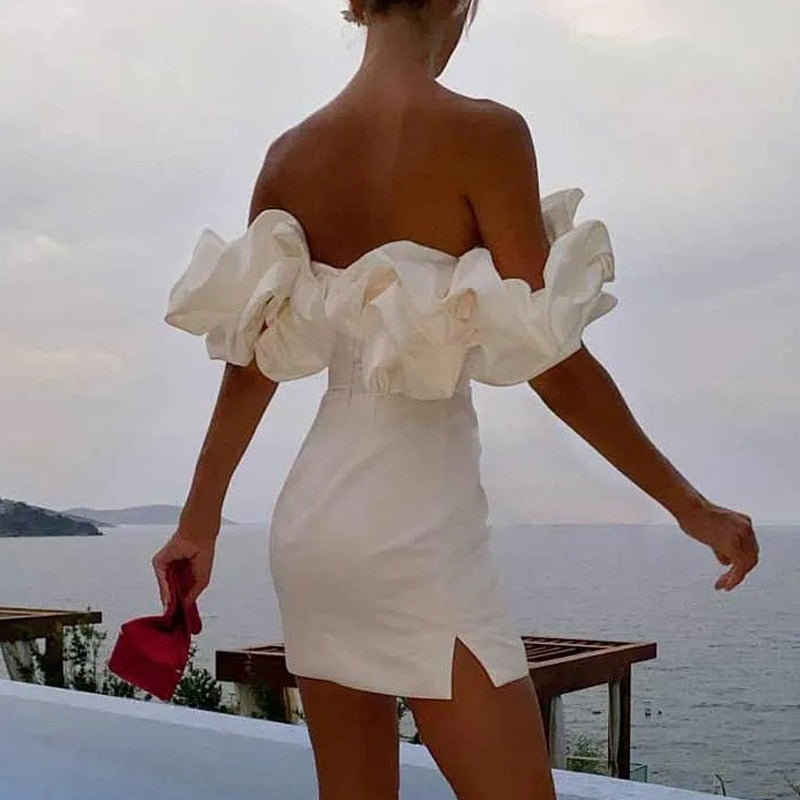Off Shoulder Ruffle Band Bodycon Side Slit Cocktail Mini Dress
