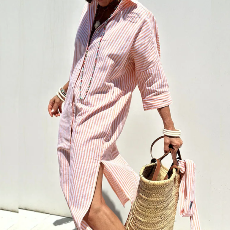 Vertical Striped Collared Button Down Maxi Shirt Dress - View 2