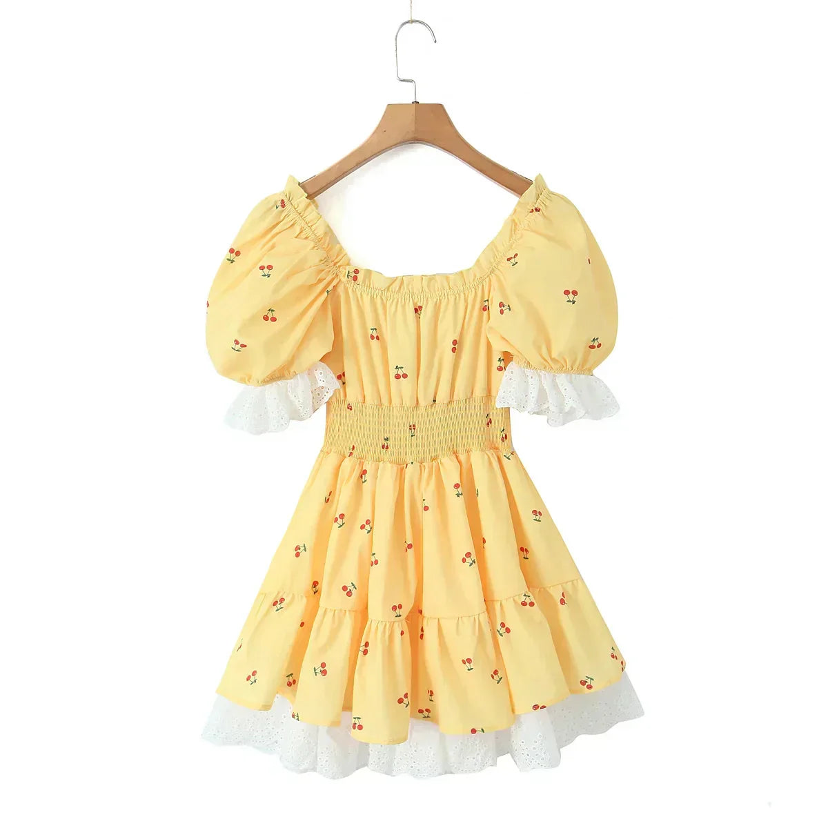 Print Puff Sleeve Ruffles Lace - up Mini Dress - View 6
