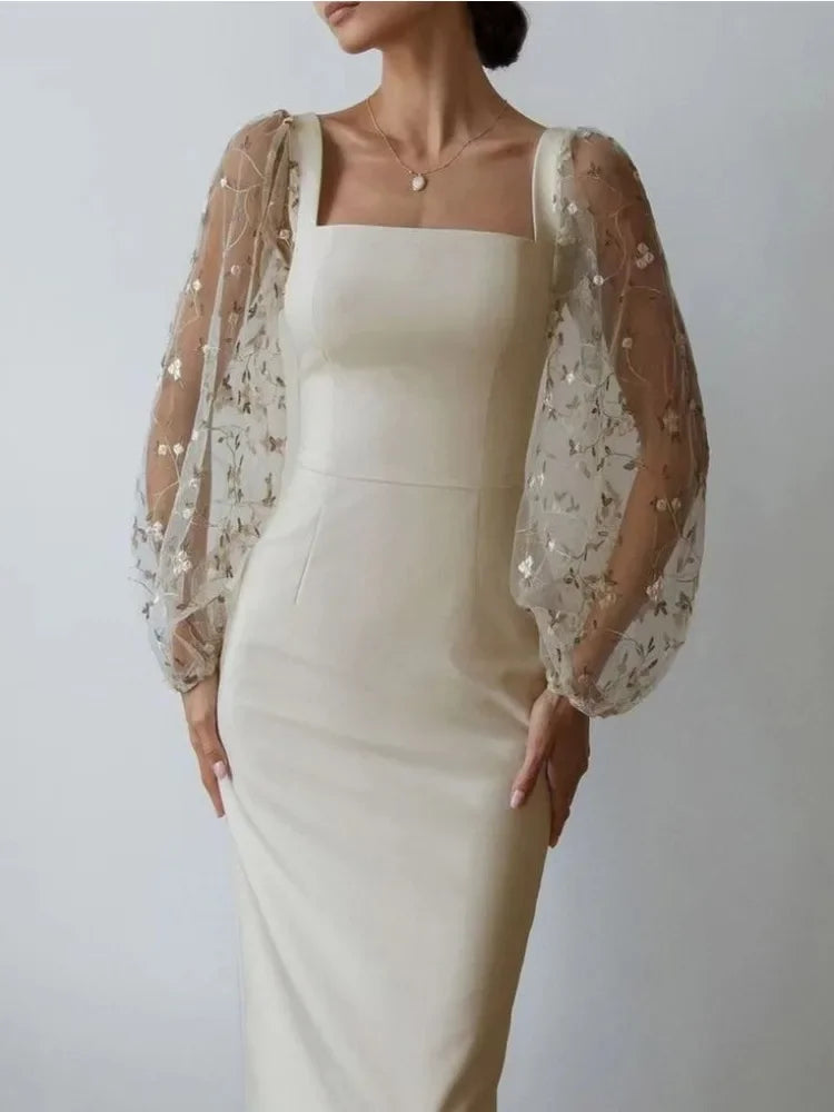 Floral Embroidered Mesh Puff Sleeve Square Neck Bodycon Maxi Dress
