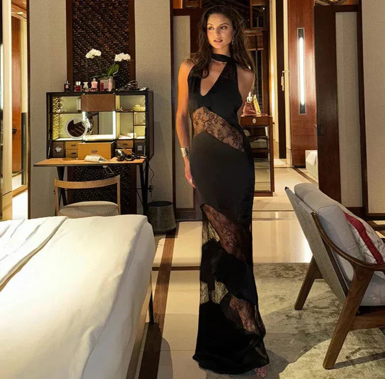 Halter Deep V-Neck Lace Panel Sheer Insert Sleeveless Maxi Gown - View 8