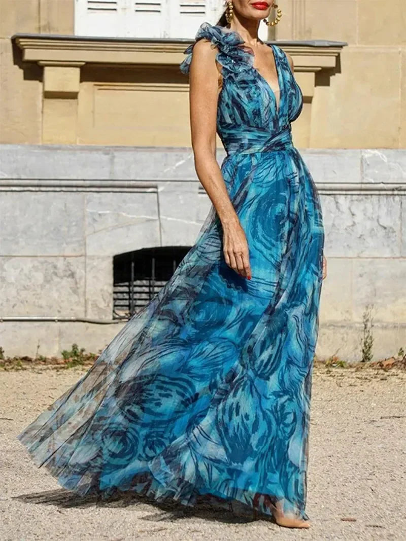 Marble Print Chiffon Deep V-Neck Ruffle One Shoulder Maxi Gown