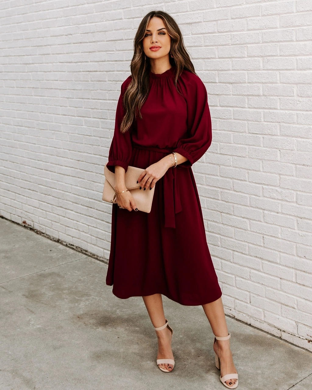 Mock Neck Long Sleeve Belted A-Line Midi Dress - View 15