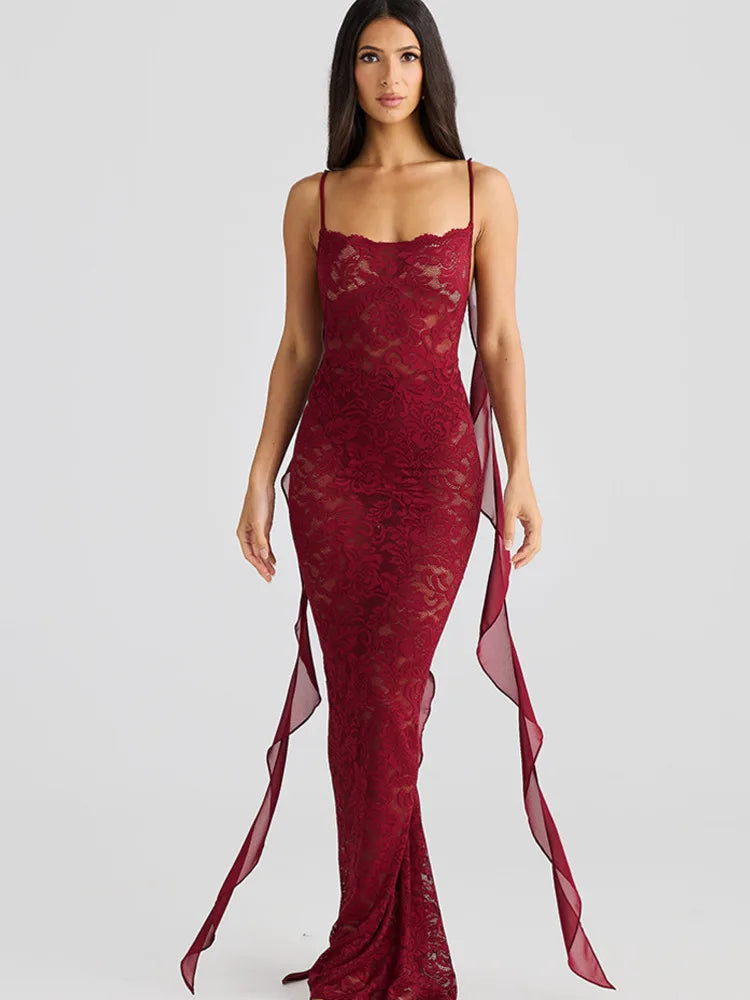Floral Lace Backless Open Back Rosette Draped Train Maxi Gown - View 3