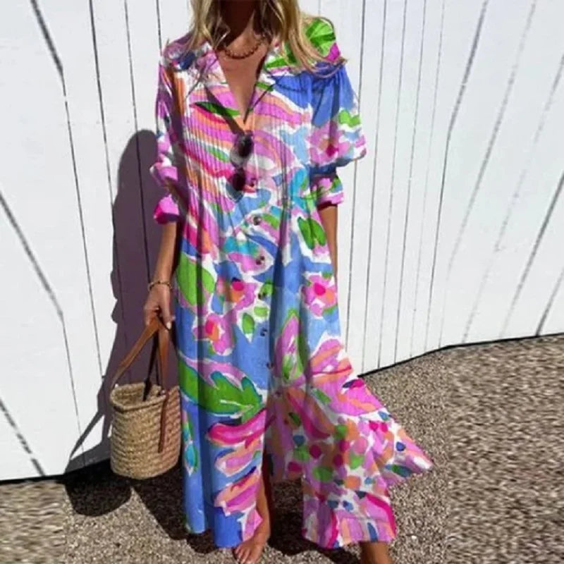 Floral Button Front Puff Sleeve Tiered Maxi Dress 4