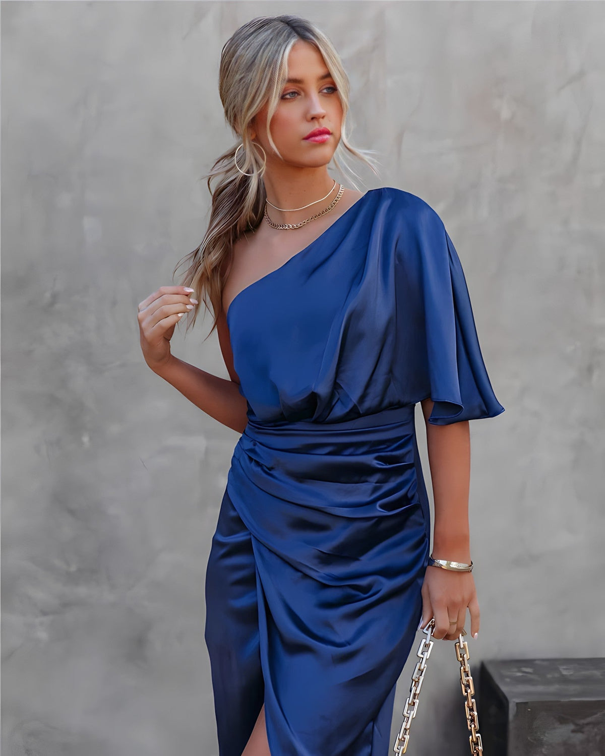 One Shoulder Draped Cape Sleeve Ruched Wrap Tulip Hem Satin Midi Dress - View 15