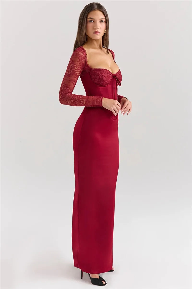 Square Collar Lace - Up Backless Long Sleeve Maxi Dress - View 2