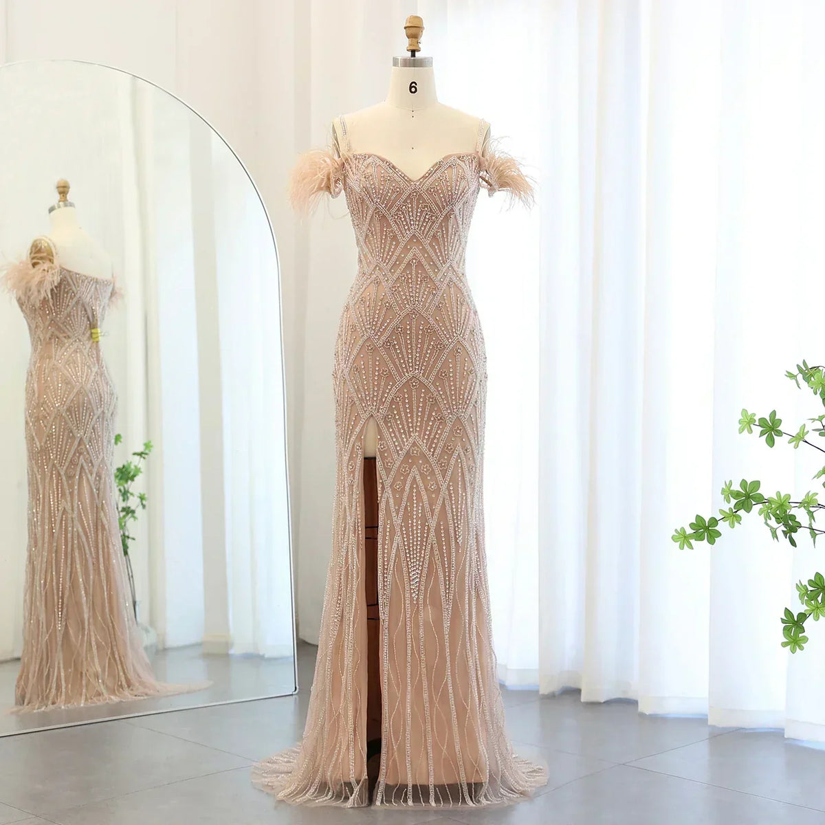 Sequin Off Shoulder Feather Trim Mermaid Maxi Gown - View 3