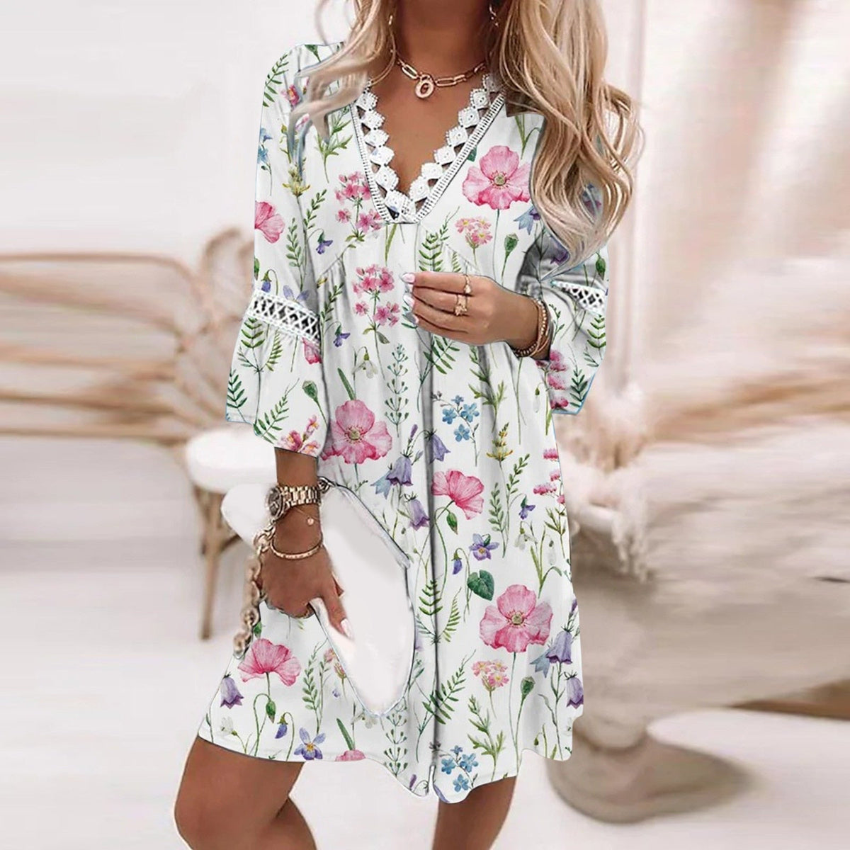 Floral Print Lace Trim V-Neck Three Quarter Sleeve Shift Mini Dress - View 3