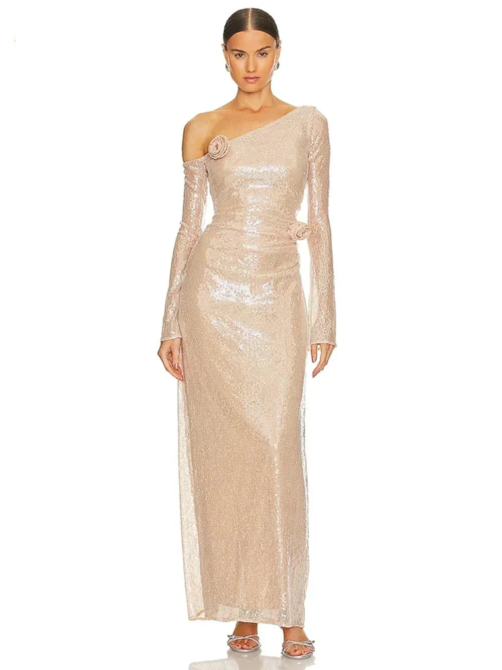 Sequin One Shoulder Long Sleeve 3D Floral Bodycon Maxi Dress - View 11