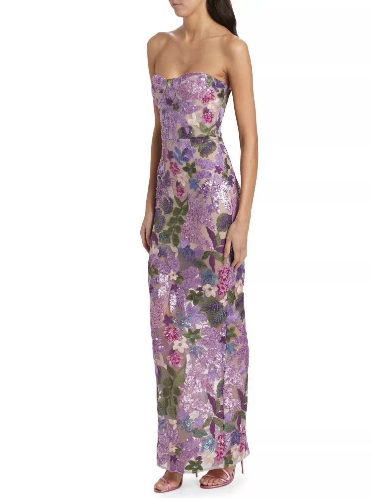 Floral Sequin Strapless Bustier Column Maxi Dress - View 5