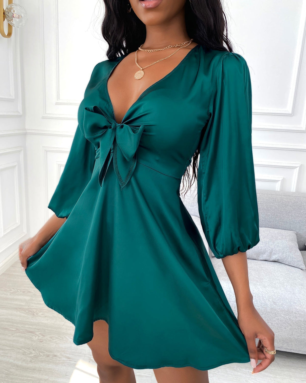 Satin Deep V-Neck Bow Puff Sleeve Fit and Flare Mini Dress - View 3