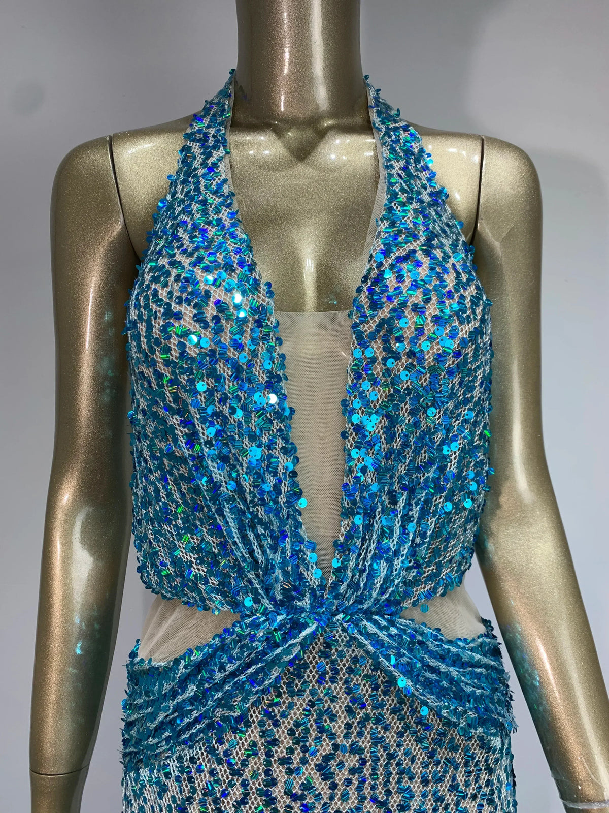 Sequin Halter Neck Deep V-Neck Cut Out Sheer Mermaid Gown - View 4